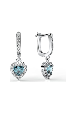 925 Ayar Akuamarin Taşlı Rodyum Pırlanta Işıltılı Sallantılı Kalp Gümüş Küpe Gümüş