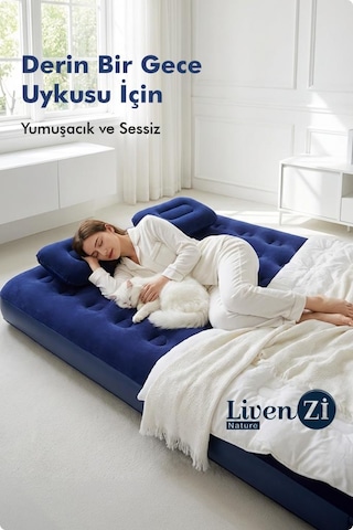Livenzi Nature Çift Kişilik Şişme Yatak Yastık + Manuel Şişirme Pompası 191 137 22 Cm Lacivert