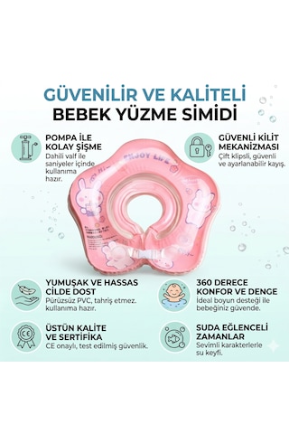 Bebek Yüzme Simidi - Güvenli Çift Tokalı Bebek Deniz & Havuz Simidi - Pembe Tavşan Figürlü 1