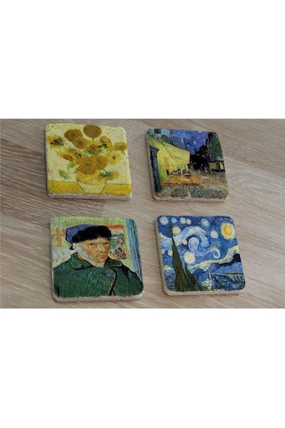 Van Gogh Yıldızlı Gece Ve Eserleri Doğal Taş Bardak Altlığı 4'lü Set - Natural Stone Coasters - Taş Çok Renkli
