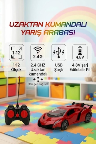 Uzaktan Kumandalı 1:12 Ölçekli 4 Fonksiyon Işıklı Usb Şarjlı 10-15km/h 2.4ghz Oyuncak Spor Araba Kırmızı