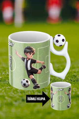 Siyah Beyaz Futbol Toplu Siyah Beyaz Forma Oyunculu Taraftar İsimli Baskılı Kupa Bardak Beyaz