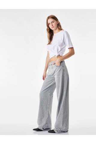 Koton Taş Detaylı Yıkamalı Normal Bel Pamuklu Geniş Paça Denim Pantolon - Wide Leg Jeans Gri 7wal40129md