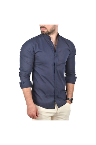 Deepsea Erkek Lacivert Slim Fit Dar Kesim Keten Gömlek Hakim Yaka Pamuklu Keten Spor Gömlek 2201895 Lacivert