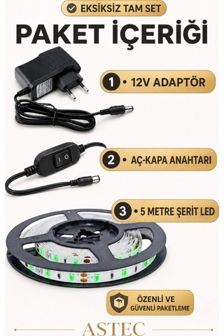 Astec Mutfak Dolabı Tezgah Üstü İçin 5 Metre Yeşil Renk 12v Adaptörlü Aç Kapa Anahtarlı Şerit Led Işık