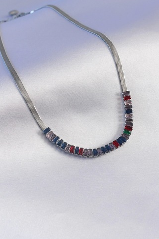 316l Çelik Gümüş Renk İtalyan Zincir Model Renkli Zirkon Taşlı Kadın Kolye Çok Renkli