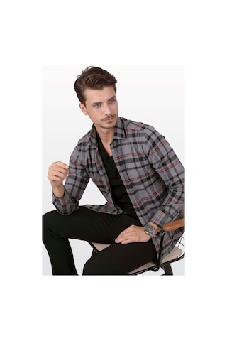Füme Kırmızı Çizgi Slimfit Oduncu Erkek Gömlek Füme