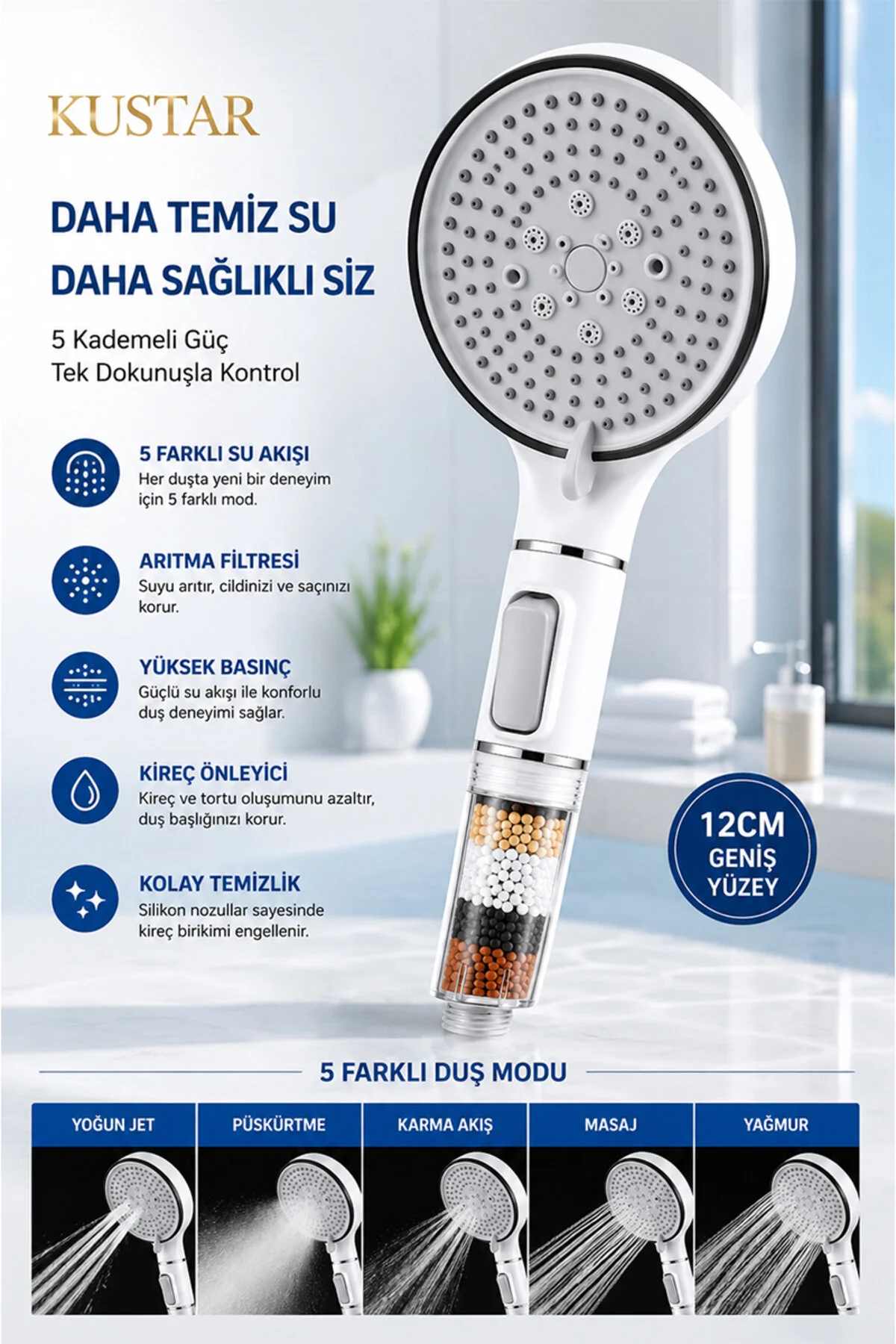 Yeni Nesil 5 Fonksiyonlu Filtreli Duş Başlığı Yüksek Basınçlı Tasarruflu Duş Başlığı Stop Butonlu Kireç Önleyici Mineral Filtreli 12 Cm Beyaz