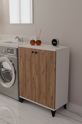 Çok Amaçlı Banyo & Çamaşır Odası Dolabı, Ayarlanabilir Raflı, Kapaklı Modern Banyo Dolabı Beyaz - Atlantik Çam