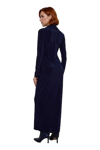 Ersefa Kadın Kışlık Bodycon Maxi Elbise Polo Yaka Uzun Kol Düz Örme Şık Lacivert