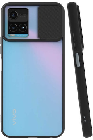 Kilifone - Vivo Y21s Uyumlu - Kılıf Slayt Sürgülü Arkası Buzlu Lensi Kapak - Siyah