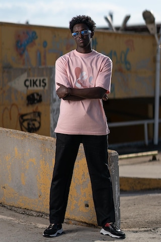 Bisiklet Yaka Lu Önü Baskılı Oversize Geniş Model T-Shirt Pembe