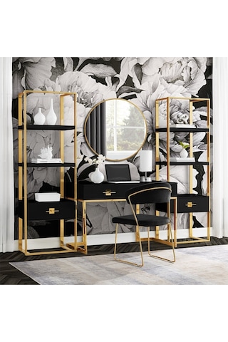 Rihanna Gold Metal Siyah Çalışma Masası Ve 2 Adet Kitaplık