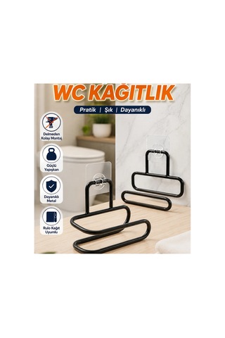 Siyah Yapışkanlı Wc Kağıtlık 2 Li Set Duvar Tipi Metal Rulo Tutucu Renkli