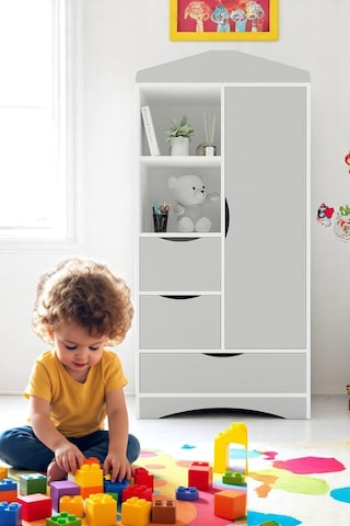 Floradesign Gardırop / Elbise Dolabı / Çocuk Genç / Raflı Ve Çekmeceli Gri Beyaz