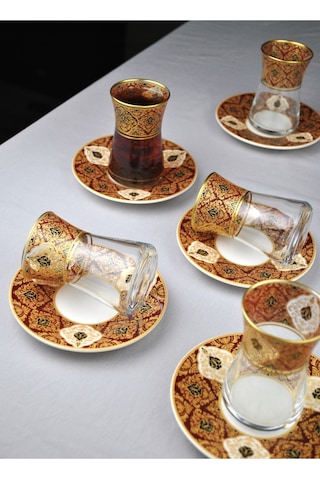 12 Parça 6 Kişilik Lüx Cam Çay Seti Gold Detaylı Altın Renk İşlemeli Lüks Çay Takımı Turuncu
