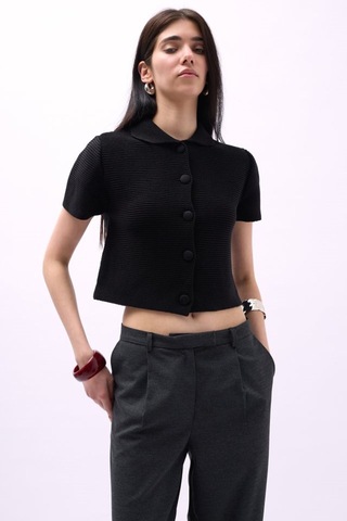 Bebe Yaka Düğmeli Bluz Siyah