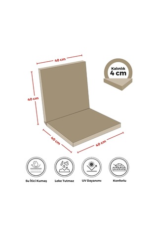 2'li Arkalıklı Sandalye Minderi Su Yağ İtici Sırtlıklı Fermuarlı Bağcıklı Yıkanabilir Balkon Bahçe 40x40 Be Çok Renkli