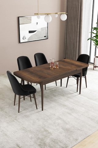 Sar Pakete Almira Serisi, Barok Ahşap Desen 80x132 Açılabilir Mdf Mutfak Masası Takımı 4 Adet Sandalye Siyah