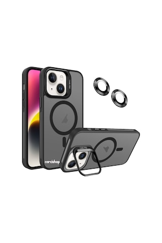 İphone 16 Plus Uyumlu Kılıf Açılır Kamera Stand Magsafeli Mat Renkli Şeffaf + Lens Koruyucu Set Siyah