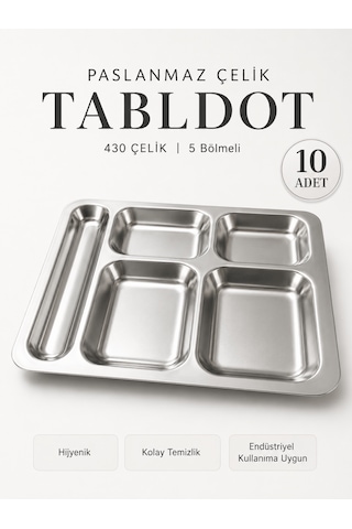 430 Çelik 5 Gözlü Tabldot Tabak Paslanmaz Çelik Self Servis Fabrika Okul Ev Hastane Kırılmaz Metal Servis Tabağı 10 Adet Diğer