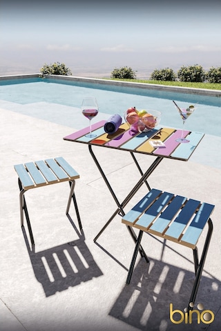 Bino Bino Masa Sandalye Bistro Set Yükseklik Ayarlı Ahşap 3'Lü Set Mavi