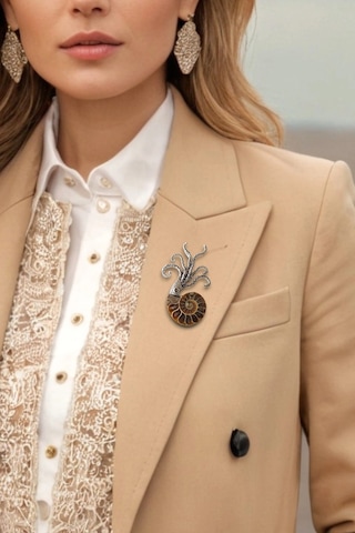 Gerçek Amonit Fosili Benzersiz Broş Br10-9 Kahverengi