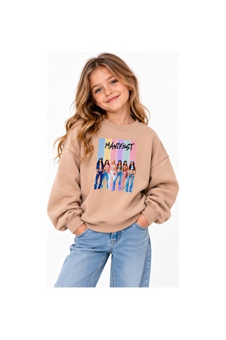 Fasardi Super Bear Adventure Baskılı Oversize 3 İplik Şardonsuz Uzun Kollu Unisex Çocuk Sweatshirt Bej