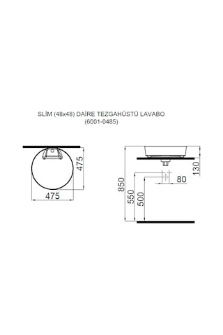 Slım Daire Tezgahüstü Lavabo 48x48 Beyaz