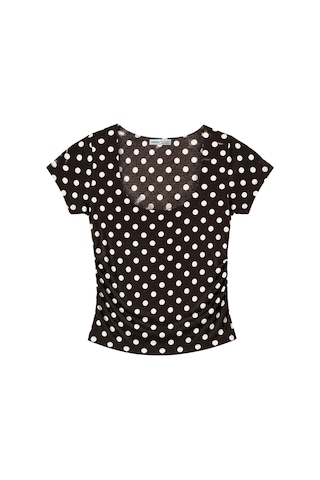 Vadon 1004 Kadın Pamuklu Kare Yaka Puantiyeli Yan Büzgü Detaylı Crop T-shirt Bluz Kahverengi