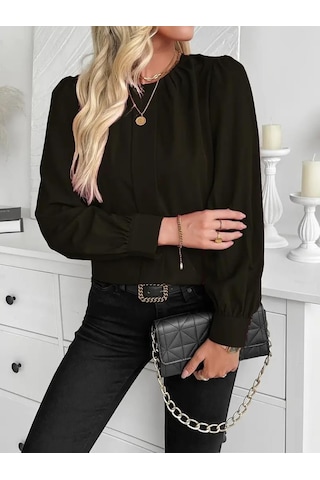 Kadın Uzun Kollu Bisiklet Yaka Pileli Ithal Krep Bluz Siyah