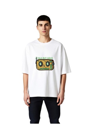 Paybuy Eski Ama Altın Tasarımı Baskılı Erkek Oversize Tişört Beyaz