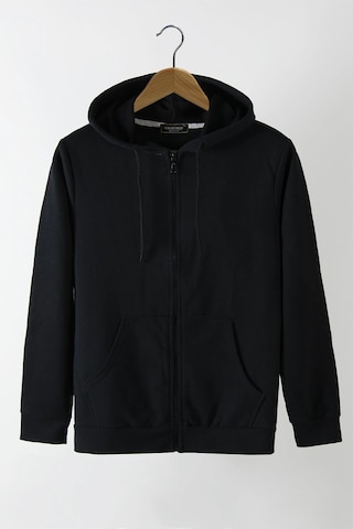 Relax&Basic Ünisex Basic Slim Fit Kapüşonlu Fermuarlı Cepli Sweatshirt Siyah Siyah