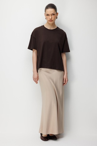 Mixray 4852 Kadın Yırtmaçlı Oversize Basic %100 Pamuk T-shirt Kahve Kahverengi