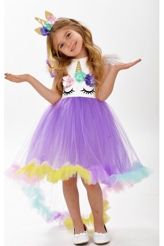 Unicorn Leylak Kuyruk Detaylı Gökkuşağı Taçlı Kız Çocuk Parti Elb