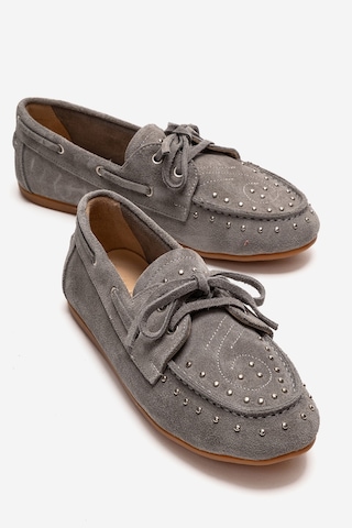 Luvishoes Cuesta Gri Süet Hakiki Deri Troklu Bağcıklı Kadın Loafer Ayakkabı