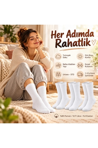 Womanandkids Wak Unisex Beyaz Soket Çorap %80 Pamuk 12'li Set Dikişsiz Burun Takviyeli Esnek Günlük Spor Çorabı R