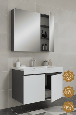 Teta Home Tokyo 80 Cm Mdf Banyo Dolabı Seti Antrasit - Beyaz