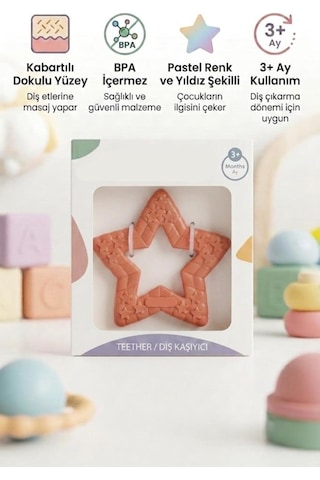 Yıldız Şekilli Esnek Bpa İçermeyen Kabartılı Pastel Renkli Oyuncak Bebek Diş Kaşıyıcısı Turuncu