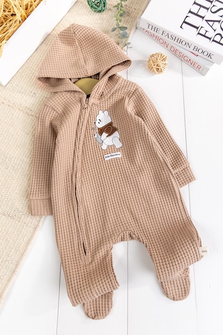 Babymod Kapişonlu Ayıcık Desenli 100% Pamuk Erkek Bebek Tulum Kahverengi
