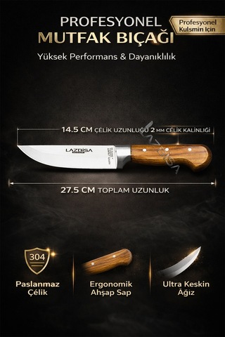 Lazbisa Mtf-036 Hand Craft Mutfak Bıçak Seti Et Ekmek Sebze Bıçağı 4 Lü Set Günlük Kullanım Kahverengi