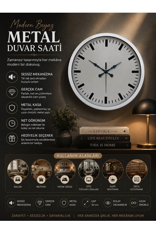 40 Cm Metal Beyaz Modern Duvar Saati 52730070