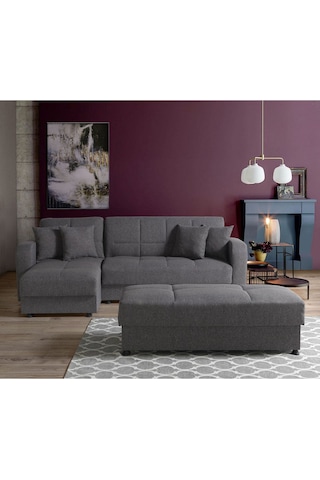 Roma Çekyatlı Puflu Yataklı Köşe Koltuk Takımı Gri