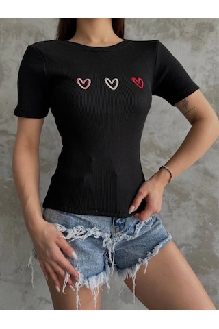 Defymoda Üçlü Kalp Nakışlı Bluz Siyah