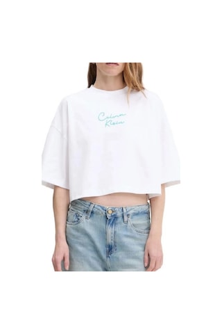 Kadın Cropped Boxy Fit Zincir Dikiş Logolu T-shirt - Beyaz-8784 Brilliant White