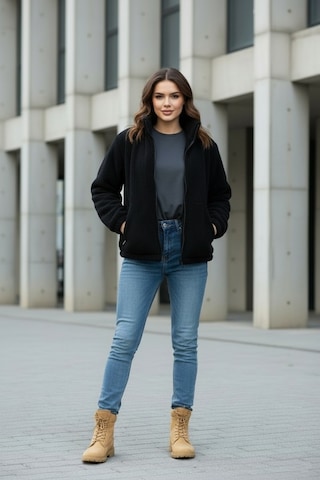 Kadın Oversize Peluş, Polar, Fermuarlı, Teddy Dik Yaka, Sıcak Tutucu Yumuşak Kışlık Ceket Siyah