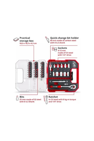 Einhell 37 Parça Uç ve Cırcır Seti L-Box - 49109022