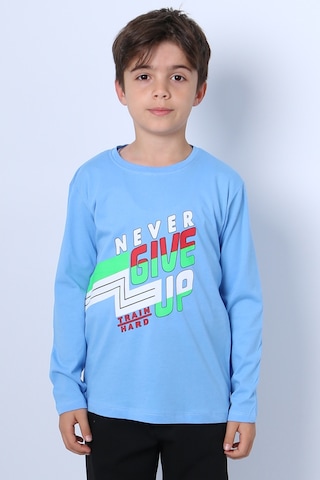 Hçm Erkek Çocuk Uzun Kollu Tshirt Never Give Up Baskılı Bisiklet Yaka D10 Mavi