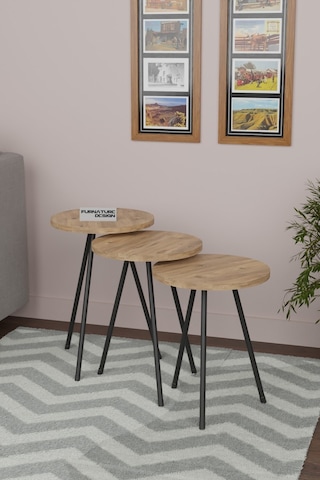 3'lü Zigon Sehpa Seti Metal Ayaklı Yan Sehpa Atlantik Çam