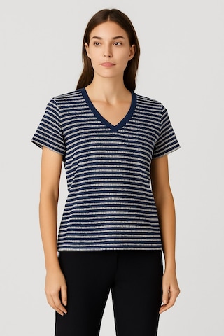 Kadın Lacivert Beyaz Çizgili V Yaka Kısa Kollu Örme T-shirt, Bluz Lacivert